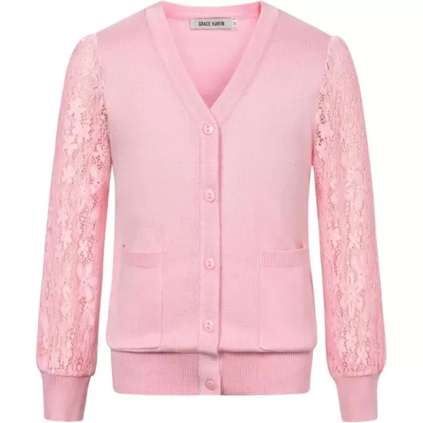 GRACE KARIN Girls Cardigan School Uniforms Hollow Knit Long Sleeve Button Sweater for 512YLight Pink 1