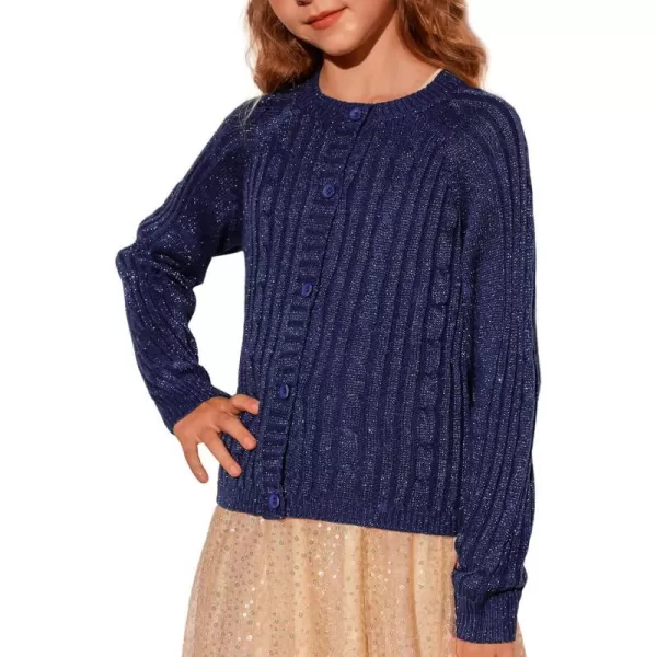 GRACE KARIN Girls Cardigan Sweater Long Sleeve Cable Knit Solid Sparkle 412YNavy Blue