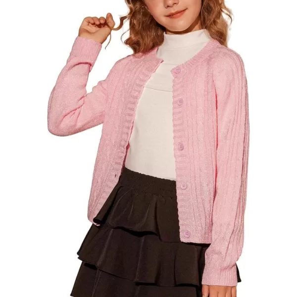 GRACE KARIN Girls Cardigan Sweater Long Sleeve Cable Knit Solid Sparkle 412YPink