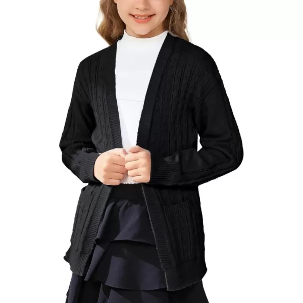 GRACE KARIN Girls Cardigan Sweaters Open Front Long Sleeve Knit Outwear with Pockets 512YBlack