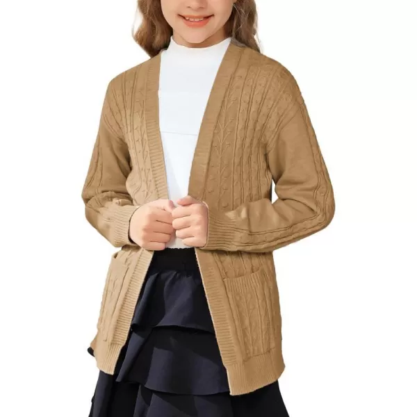 GRACE KARIN Girls Cardigan Sweaters Open Front Long Sleeve Knit Outwear with Pockets 512YKhaki