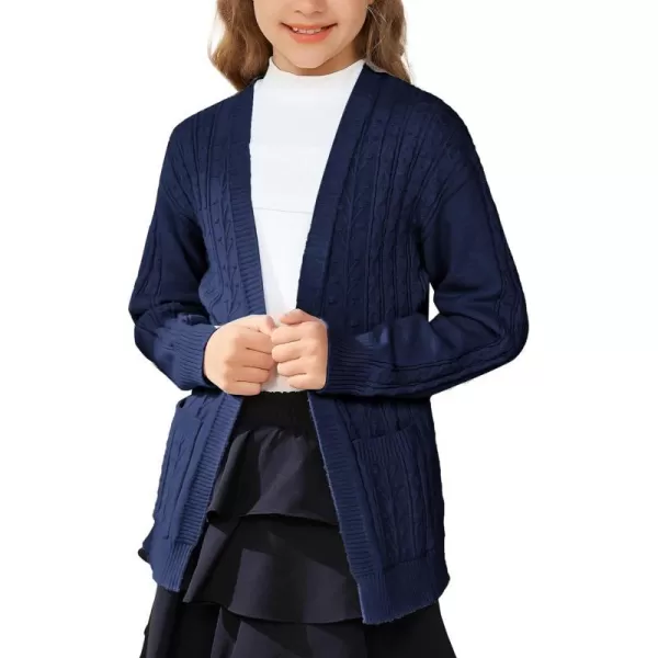 GRACE KARIN Girls Cardigan Sweaters Open Front Long Sleeve Knit Outwear with Pockets 512YNavy Blue