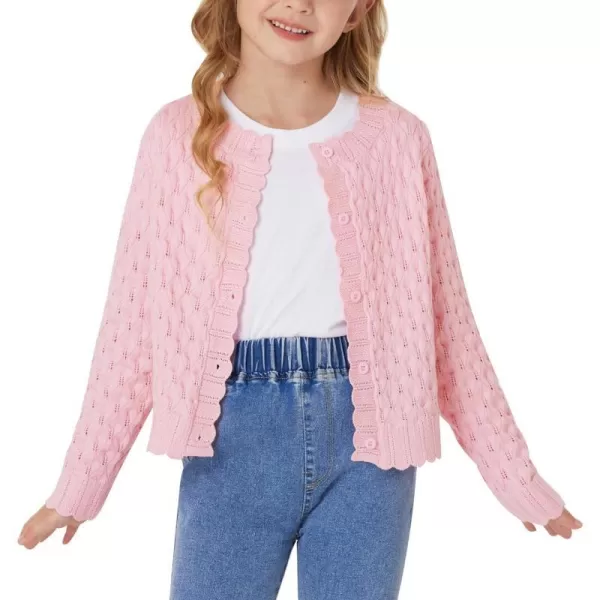 GRACE KARIN Girls Cropped Cardigan Sweaters Long Sleeve Cable Knit Button Front Sweater 512YLight Pink