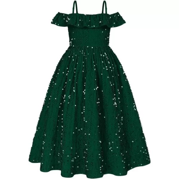 GRACE KARIN Girls Dress Off Shoulder Ruffle Sparkle Sequin Dress with BowKnot 612 YearsDark Green