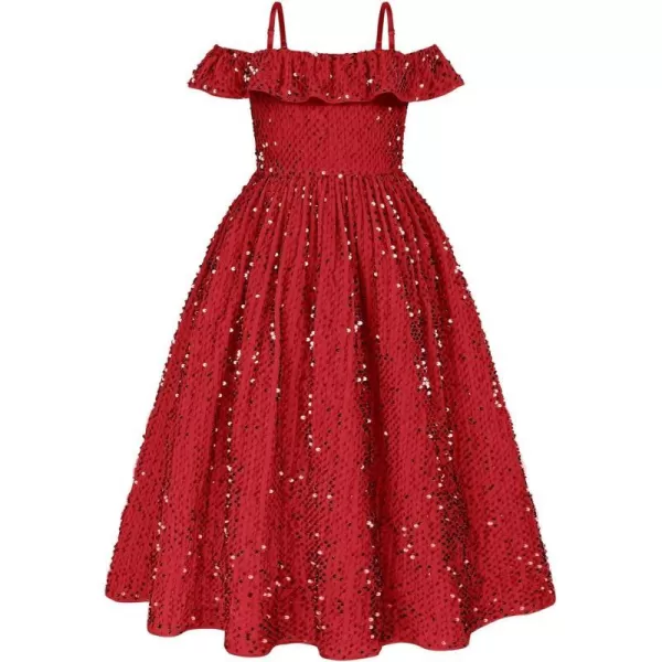 GRACE KARIN Girls Dress Off Shoulder Ruffle Sparkle Sequin Dress with BowKnot 612 YearsRed