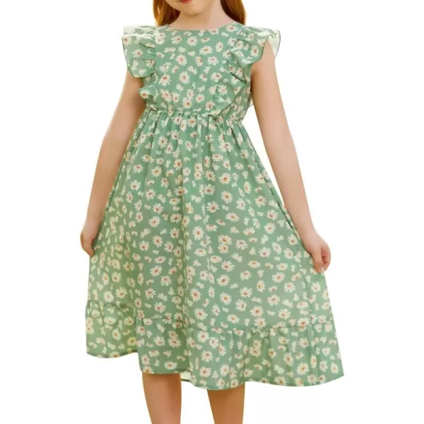 GRACE KARIN Girls Dress Ruffle Sleeve Striped Floral Spring Summer Dress for Kids 612YDaisy on Green