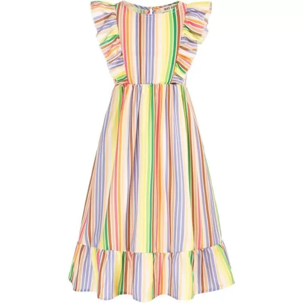 GRACE KARIN Girls Dress Ruffle Sleeve Striped Floral Spring Summer Dress for Kids 612YRainbow