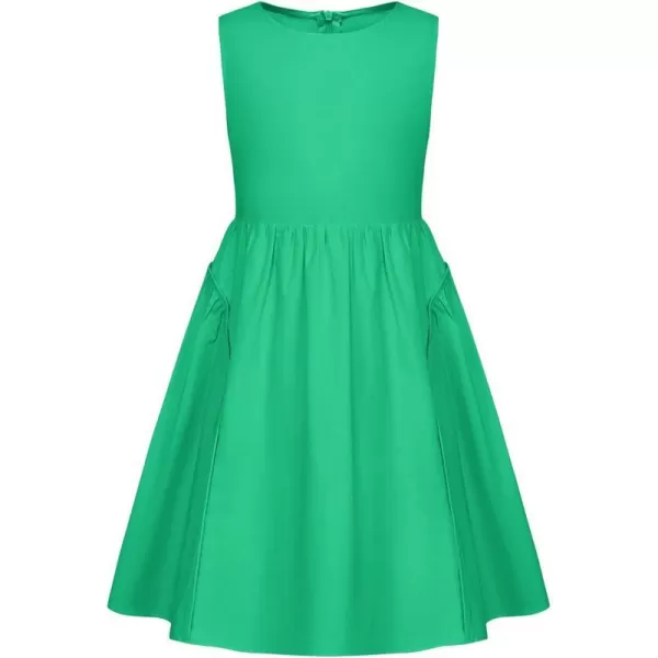 GRACE KARIN Girls Dresses Crew Neck Sleeveless Spring Summer Dress Solid Cotton Midi Sundress with Pockets 512YGreen