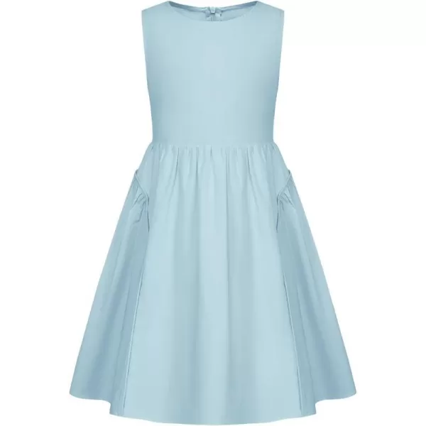 GRACE KARIN Girls Dresses Crew Neck Sleeveless Spring Summer Dress Solid Cotton Midi Sundress with Pockets 512YLight Blue