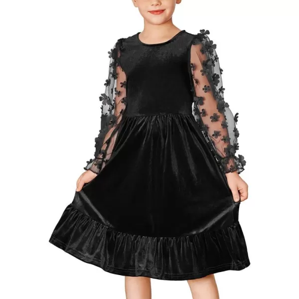 GRACE KARIN Girls Fall Dresses Sheer Long Sleeve ALine Crew Neck Party Midi Dress 6Y12YBlack