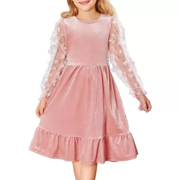 GRACE KARIN Girls Fall Dresses Sheer Long Sleeve ALine Crew Neck Party Midi Dress 6Y12YLight Pink