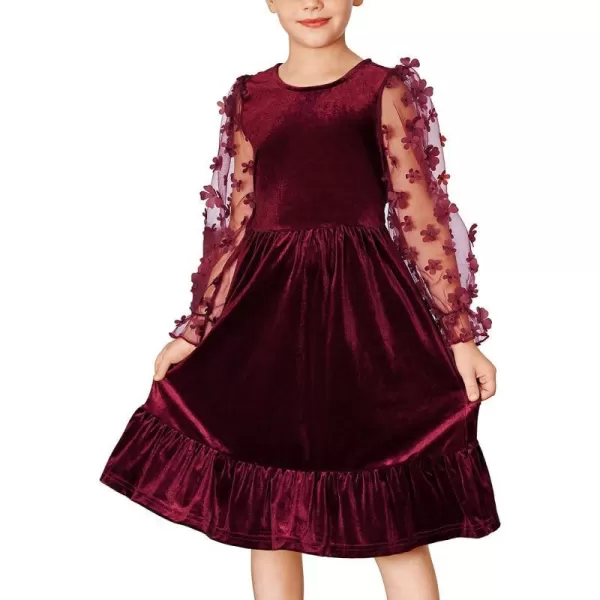 GRACE KARIN Girls Fall Dresses Sheer Long Sleeve ALine Crew Neck Party Midi Dress 6Y12YWine