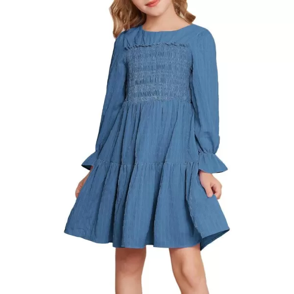 GRACE KARIN Girls Fall Long Sleeve Dress Casual ALine Tiered Crewneck Dress Size 512YearsNavy Blue