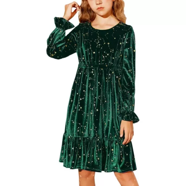 GRACE KARIN Girls Fall Velvet Dress Long Sleeve Ruffle Sparkle Party Dress Size 512Green