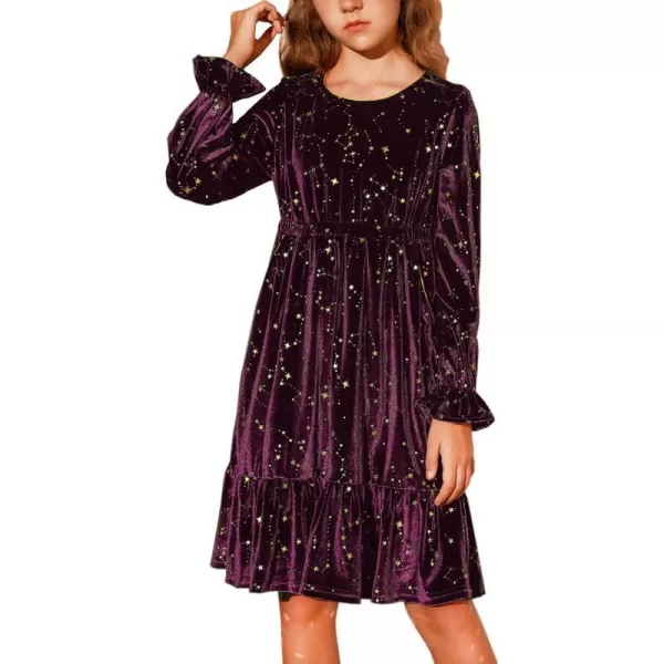 GRACE KARIN Girls Fall Velvet Dress Long Sleeve Ruffle Sparkle Party Dress Size 512Purple