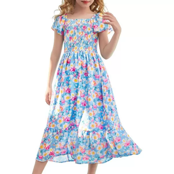 GRACE KARIN Girls Floral Dress Flutter Sleeve Square Neck Tiered Midi Dress Smocked Flared Aline Dress 512YFlowers on Blue