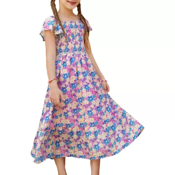 GRACE KARIN Girls Floral Dress Flutter Sleeve Square Neck Tiered Midi Dress Smocked Flared Aline Dress 512YFlowers on Purple