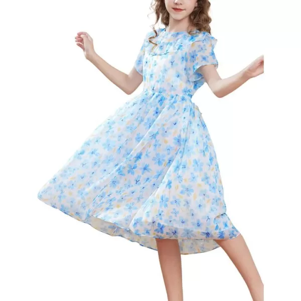 GRACE KARIN Girls Floral Dress Spring Summer Ruffle Casual ALine Short Sleeve Flowy Dress 512YBlue