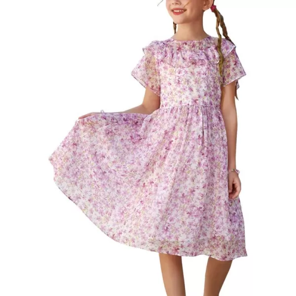 GRACE KARIN Girls Floral Dress Summer Spring Flowy Ruffle Casual Short Sleeve Midi Dress 512YPurple