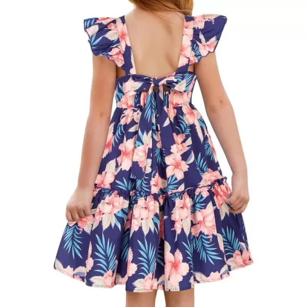 GRACE KARIN Girls Floral Dress Tie Back Flutter Sleeves Casual Summer Dresses for 612YDark Blue Floral