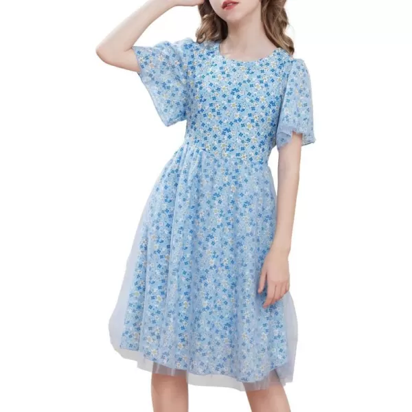 GRACE KARIN Girls Floral Spring Dress Ruffled Short Sleeve Mesh Aline Casual Summer Dress 512YBlue Flower