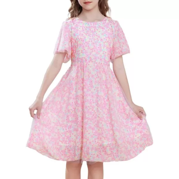 GRACE KARIN Girls Floral Spring Dress Ruffled Short Sleeve Mesh Aline Casual Summer Dress 512YPink Flower