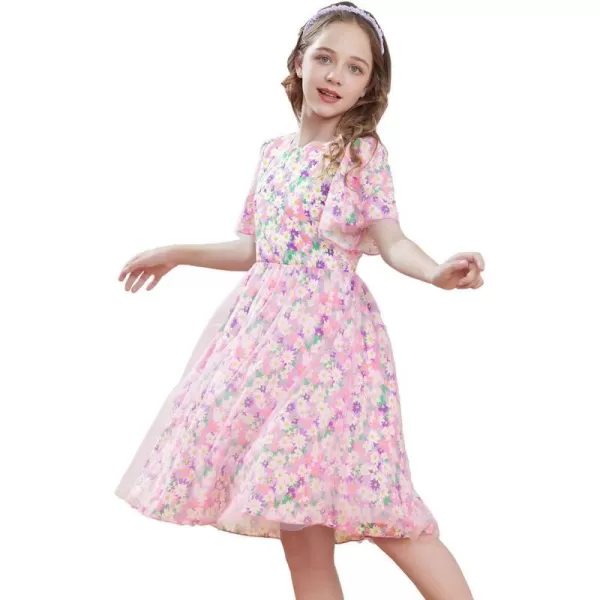 GRACE KARIN Girls Floral Spring Dress Ruffled Short Sleeve Mesh Aline Casual Summer Dress 512YPurple Flower