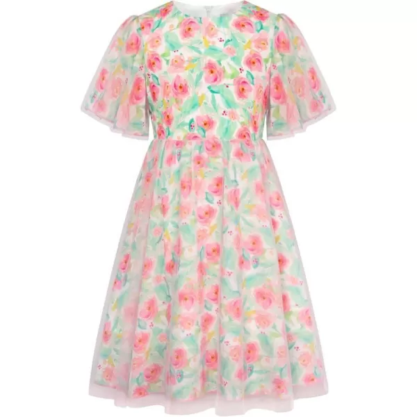 GRACE KARIN Girls Floral Spring Dress Ruffled Short Sleeve Mesh Aline Casual Summer Dress 512YRed Flower