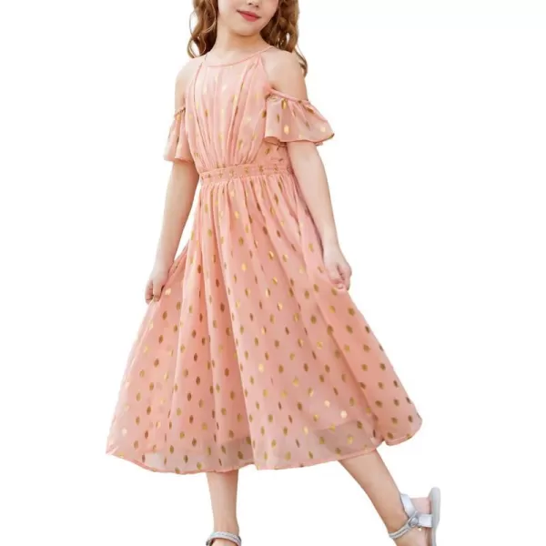 GRACE KARIN Girls Formal Dress Halter Neck Off Shoulder Dress with Ruffled Sleeve ALine Party Dress 512YSalmon