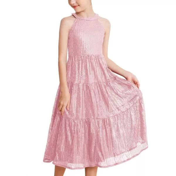 GRACE KARIN Girls Halter Neck Sequin Dress Elegant Cute Girls Party Maxi Dress for 514YPink