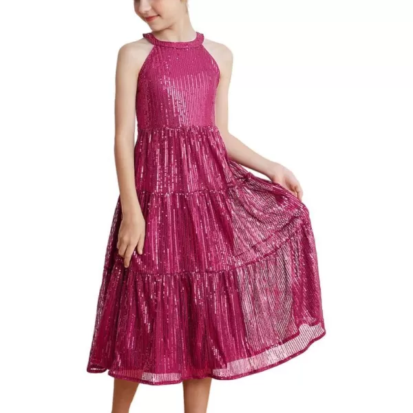 GRACE KARIN Girls Halter Neck Sequin Dress Elegant Cute Girls Party Maxi Dress for 514YRose Red