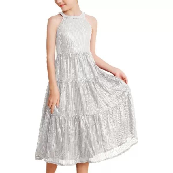 GRACE KARIN Girls Halter Neck Sequin Dress Elegant Cute Girls Party Maxi Dress for 514YSilver