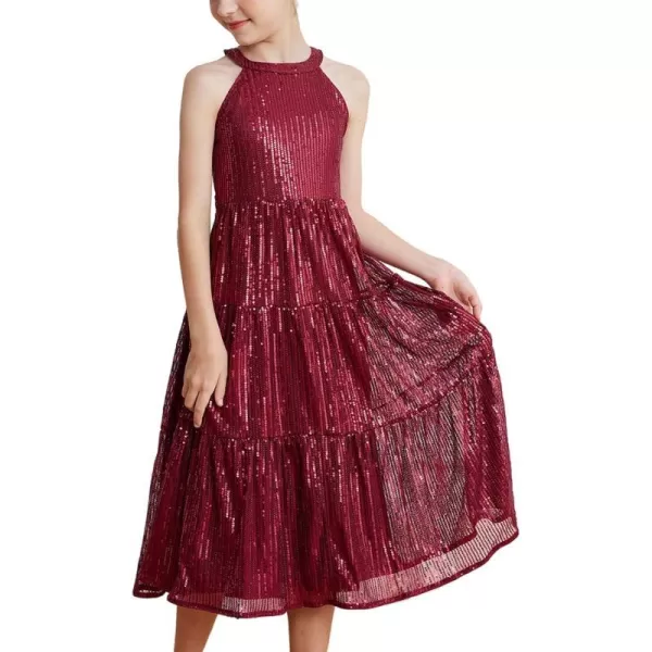 GRACE KARIN Girls Halter Neck Sequin Dress Elegant Cute Girls Party Maxi Dress for 514YWine Red