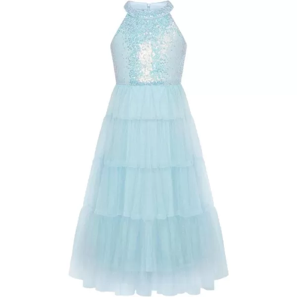 GRACE KARIN Girls Halter Neck Sequin Dress Sparkly Formal Party Prom Pageant Graduation Tulle Dresses Size 512Light Blue