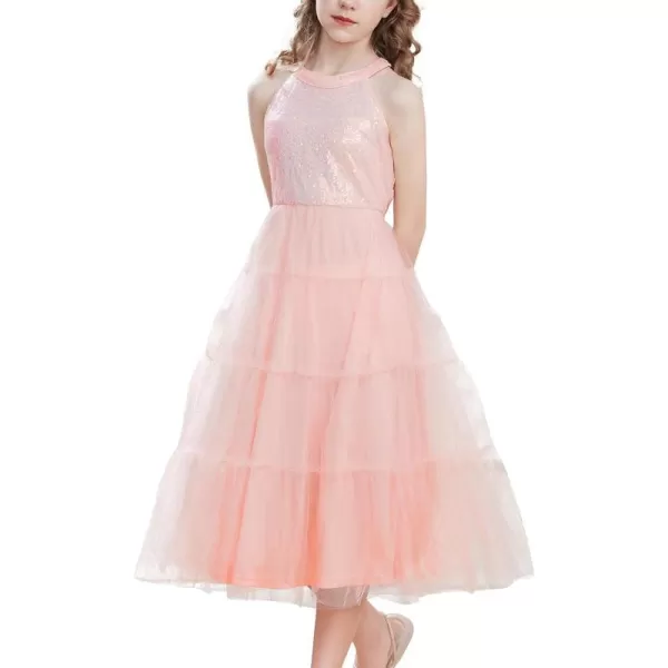 GRACE KARIN Girls Halter Neck Sequin Dress Sparkly Formal Party Prom Pageant Graduation Tulle Dresses Size 512Light Pink