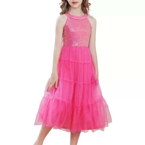 GRACE KARIN Girls Halter Neck Sequin Dress Sparkly Formal Party Prom Pageant Graduation Tulle Dresses Size 512Rose Red