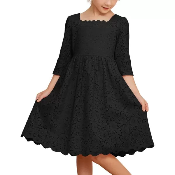 GRACE KARIN Girls Lace Dress 34 Sleeve Ruffle Formal Flower Birthday Party Dress with Belt 512Black