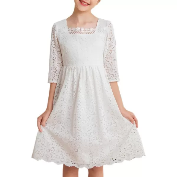 GRACE KARIN Girls Lace Dress 34 Sleeve Ruffle Formal Flower Birthday Party Dress with Belt 512White