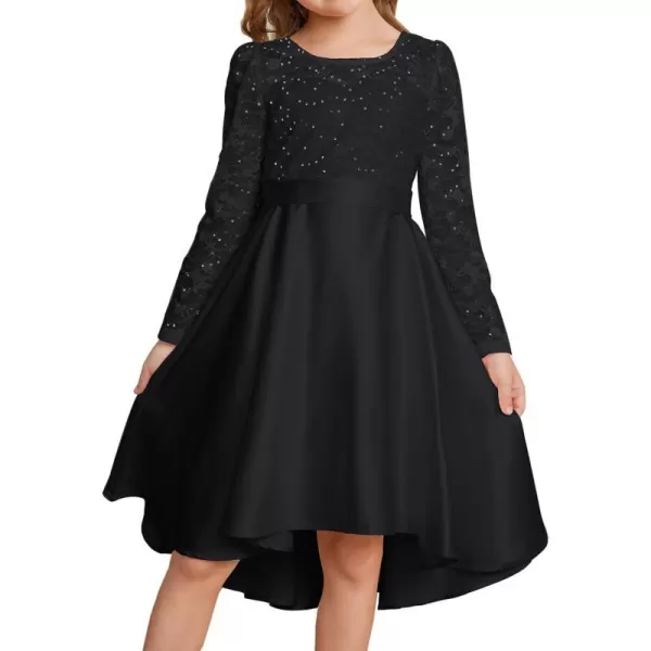 GRACE KARIN Girls Lace Dress High Low Dress Long Sleeve VBack Dress for Girl 614YBlack