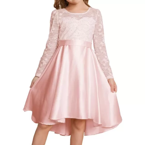 GRACE KARIN Girls Lace Dress High Low Dress Long Sleeve VBack Dress for Girl 614YPink