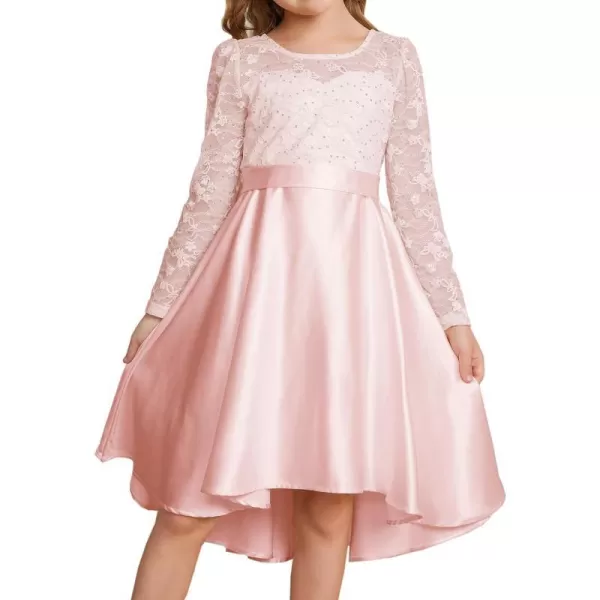 GRACE KARIN Girls Lace Sequin Dress High Low Dress Long Sleeve Wedding Dress for Girls 614YPink