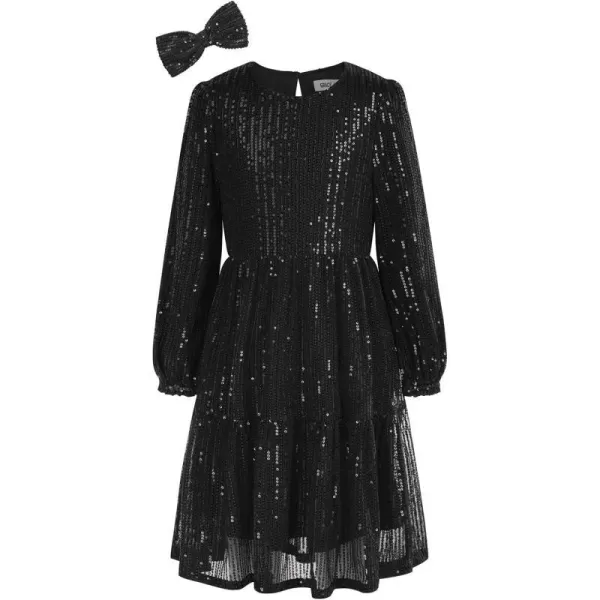 GRACE KARIN Girls Long Sleeve Crew Neck Sequined ALine Dress with Hair BowBlack