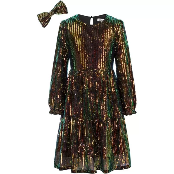 GRACE KARIN Girls Long Sleeve Crew Neck Sequined ALine Dress with Hair BowBlack Multicolor