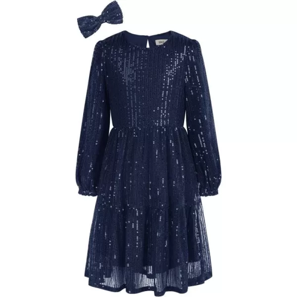 GRACE KARIN Girls Long Sleeve Crew Neck Sequined ALine Dress with Hair BowDark Blue