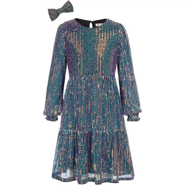 GRACE KARIN Girls Long Sleeve Crew Neck Sequined ALine Dress with Hair BowDark Blue1