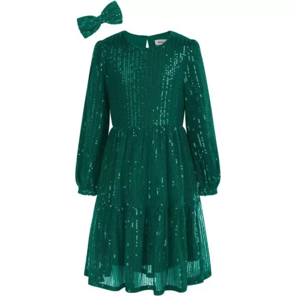 GRACE KARIN Girls Long Sleeve Crew Neck Sequined ALine Dress with Hair BowDark Green