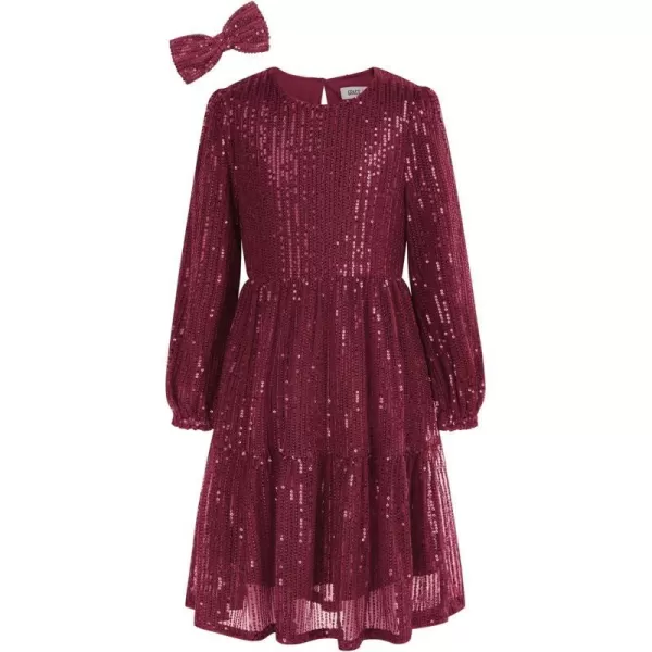 GRACE KARIN Girls Long Sleeve Crew Neck Sequined ALine Dress with Hair BowDark Red