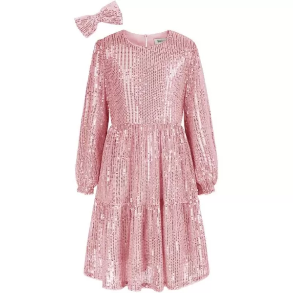 GRACE KARIN Girls Long Sleeve Crew Neck Sequined ALine Dress with Hair BowPink