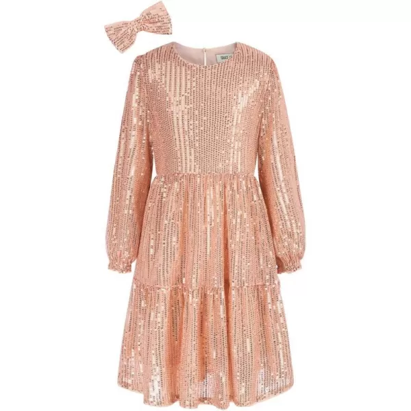 GRACE KARIN Girls Long Sleeve Crew Neck Sequined ALine Dress with Hair BowPink Rose Gold