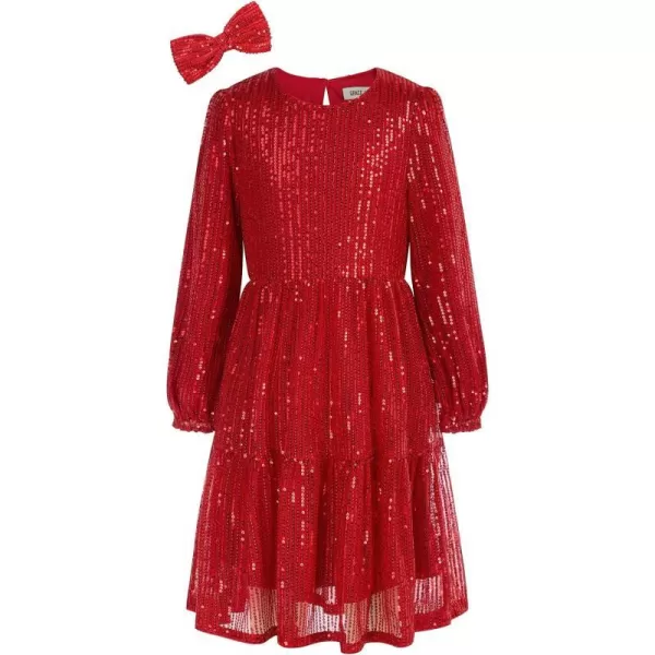 GRACE KARIN Girls Long Sleeve Crew Neck Sequined ALine Dress with Hair BowRed